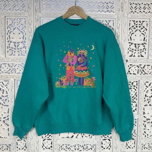 Vtg Laurel Burch Noel And Noella Graphic Cat Teal Green Sweatshirt Sz Large - Picture 1 of 11